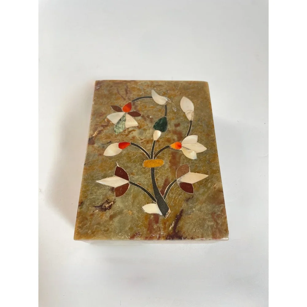 Vintage Inlaid Stone Trinket Box‎ Floral Pietra Dura Mother of Pearl Marble 4x3